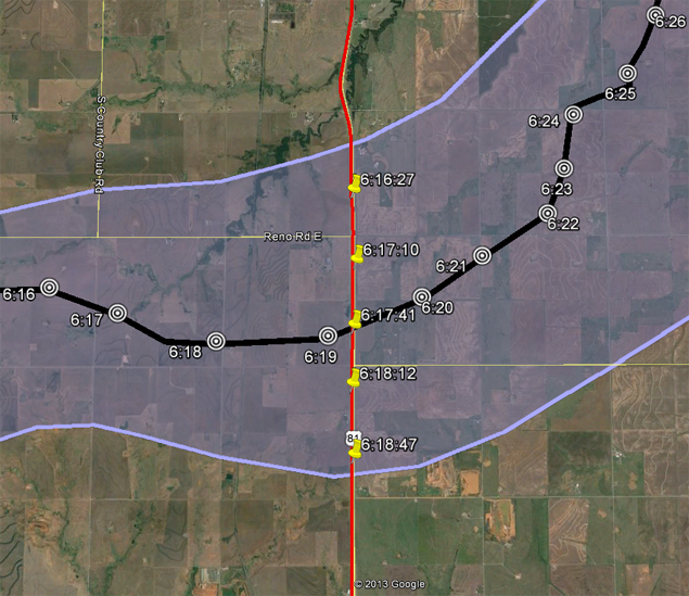 Map of El Reno Tornado Track with My GPS Locations